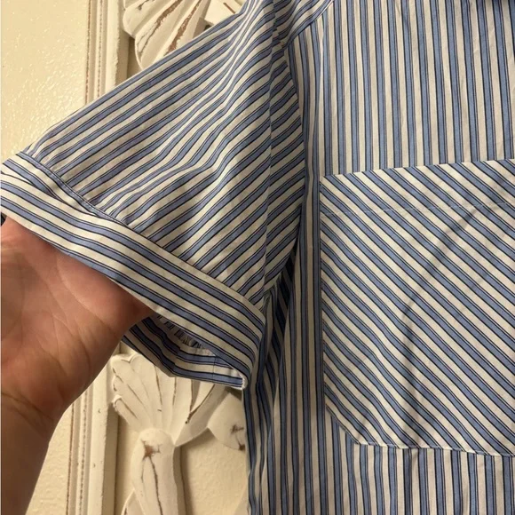 ZARA Mini Shirt Dress With Ruffles Blue & White Striped • Like New - Picture 6 of 6